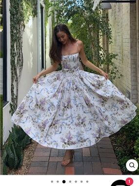 House of CB INSPIRED White Maxi Dress with Lavender Floral and Blue Ribbon Print